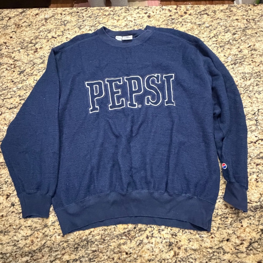 Vintage Pepsi Sweatshirt Mens XL Navy Blue Crewneck Soda Logo Graphic Fleece v